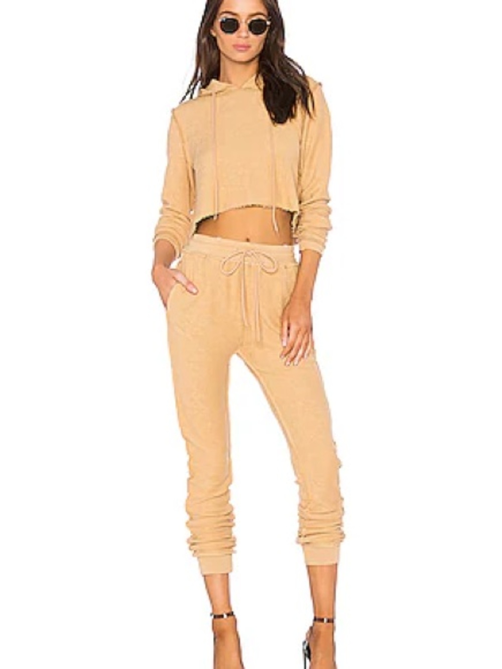 Danielle Guizio Cropped Hoodie & Drawstring Joggers - Tan